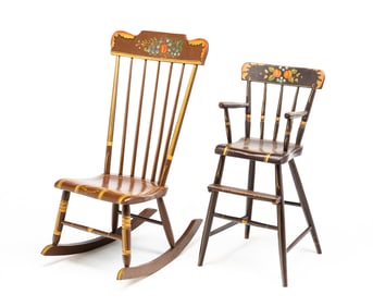 TWO PAINTED AND DECORATED SPINDLE BACK CHAIRS.