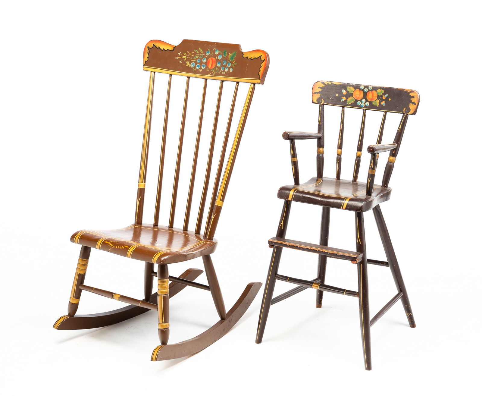 TWO PAINTED AND DECORATED SPINDLE BACK CHAIRS. (1 of 5)