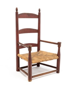 PAINTED CHILD'S SIZE LADDER BACK ARMCHAIR.