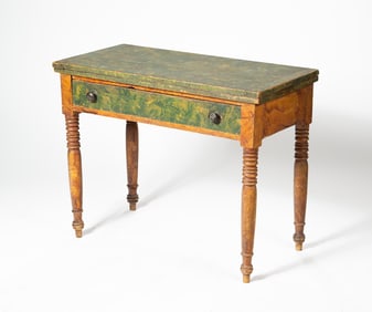 EXUBERANTLY PAINT DECORATED GAMES TABLE WITH DRAWER, LIKELY MAINE.