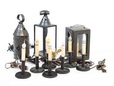 THREE ELECTRIC CANDLE LANTERNS AND SEVEN ELECTRIC CANDLESTICKS.