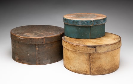 THREE PAINTED BENTWOOD PANTRY BOXES.