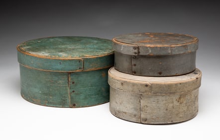 THREE PAINTED BENTWOOD PANTRY BOXES.