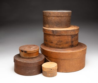SIX BENTWOOD PANTRY BOXES.