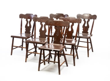 SET OF SIX PAINTED PANK SEAT CHAIRS.