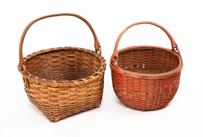 TWO ROUND SPLINT BASKETS WITH HANDLES.