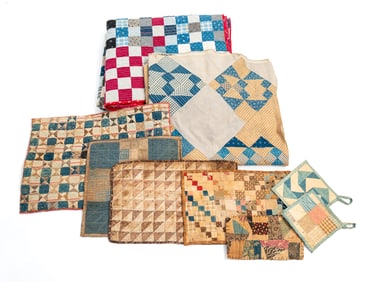 POSTAGE STAMP QUILT AND EIGHT QUILTED ITEMS.