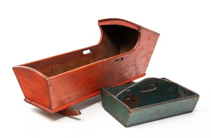PAINTED TRAY AND DOLL CRADLE.