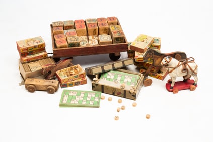 COLLECTION OF ALPHABET BLOCKS, TOYS, AND GAMES.