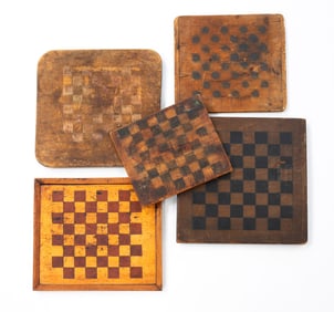FIVE PAINTED WOOD GAME BOARDS.