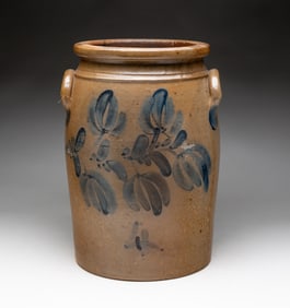 COBALT DECORATED FOUR GALLON STONEWARE JAR.