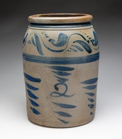 COBALT DECORATED TWO GALLON STONEWARE JAR.