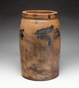 COBALT DECORATED TWO GALLON STONEWARE JAR.