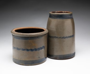 TWO COBALT DECORATED SALT GLAZED STONEWARE JARS.