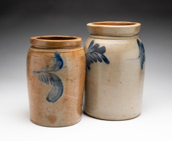 TWO COBALT DECORATED SALT GLAZED STONEWARE JARS.