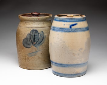 TWO COBALT DECORATED SALT GLAZED STONEWARE JARS.