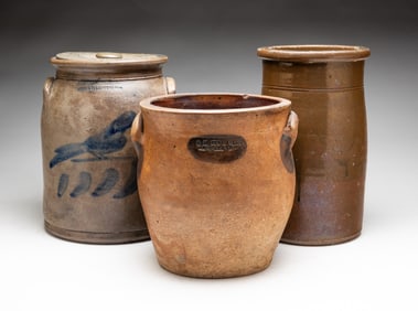 THREE COBALT DECORATED SALT GLAZED STONEWARE JARS.