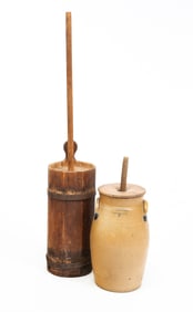 JULIUS NORTON STONEWARE BUTTER CHURN AND WOOD BUTTER CHURN.