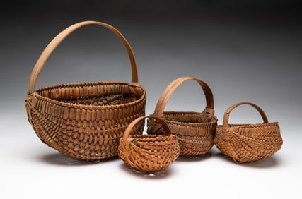 THREE MINIATURE SPLINT BASKETS AND A HALF BUTTOCKS BASKET.