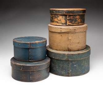 FIVE PAINTED BENTWOOD PANTRY BOXES.