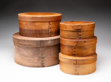 FIVE BENTWOOD PANTRY BOXES.