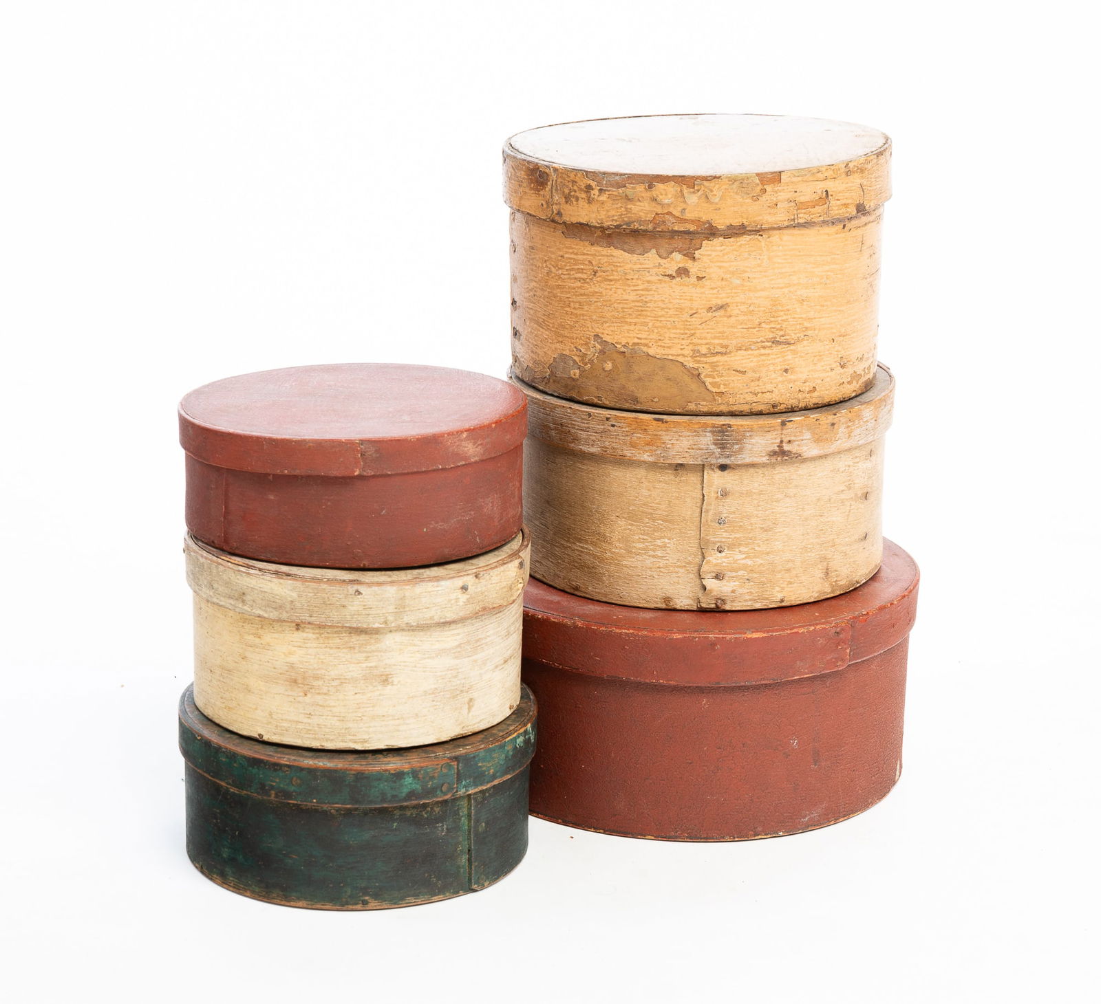 SIX PAINTED BENTWOOD PANTRY BOXES. (1 of 3)