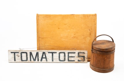 FIRKIN, WORK SURFACE, AND PAINTED TOMATOES SIGN.