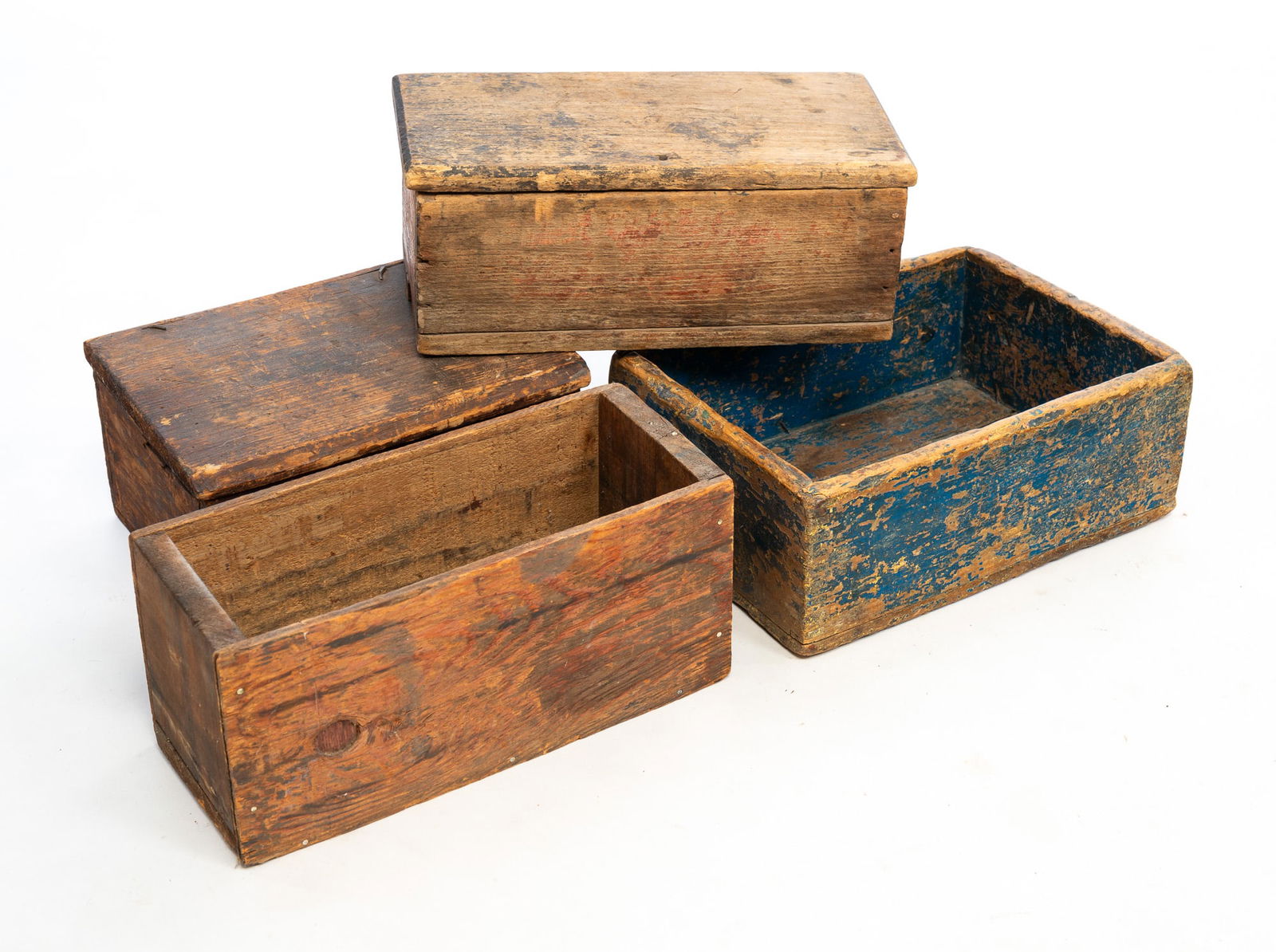 FOUR PRIMITIVE PAINTED WOOD BOXES. (1 of 4)