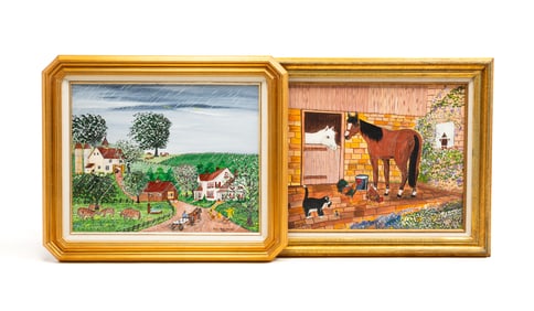 TWO FOLK ART LANDSCAPES BY BETSY ROSS KOLLER.