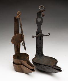 TWO DOUBLE CRUSIE GREASE LAMPS.