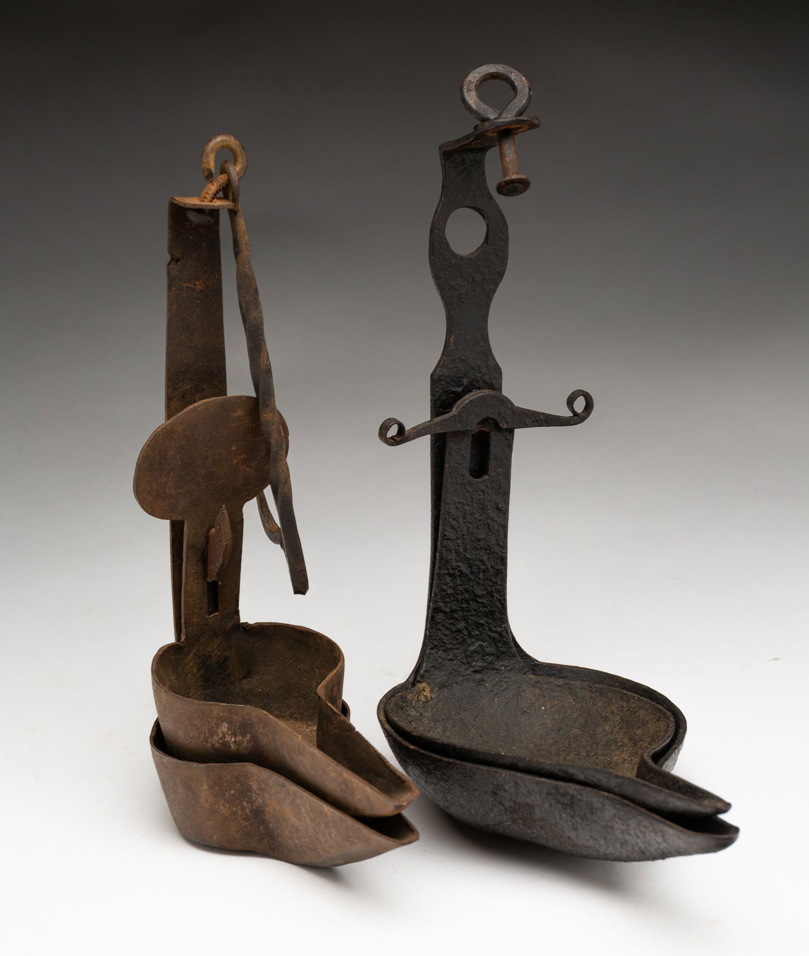 TWO DOUBLE CRUSIE GREASE LAMPS. (1 of 2)