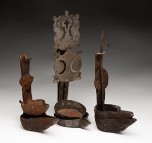 THREE DOUBLE CRUSIE GREASE LAMPS.