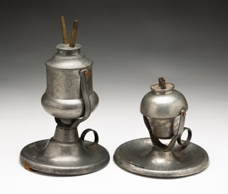 TWO GIMBAL MOUNT PEWTER LAMPS.