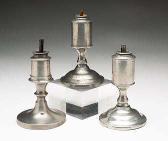 THREE PEWTER WHALE OIL SPARKING LAMPS.