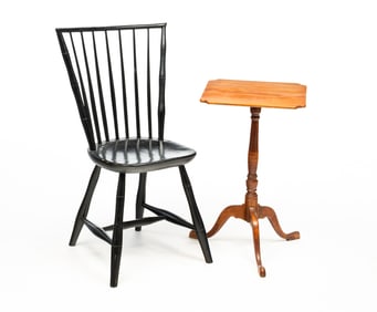 A WINDSOR CHAIR AND A CANDLE STAND.