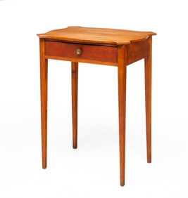 HEPPLEWHITE ONE DRAWER STAND WITH SHAPED "TURTLE" TOP.