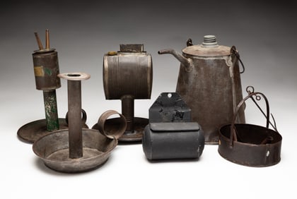 SIX TIN LIGHTING RELATED ITEMS.