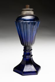 COBALT FLINT GLASS WHALE OIL LAMP.