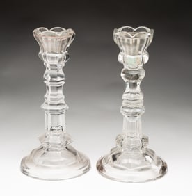 PAIR OF PITTSBURGH CLEAR FLINT GLASS CANDLESTICKS.
