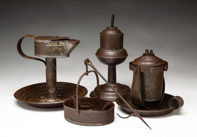 FOUR TINSMITH MADE FLUID BURNING LAMPS.