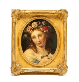 CONTINENTAL SCHOOL PAINTING OF A YOUNG WOMAN WITH FLOWERS.