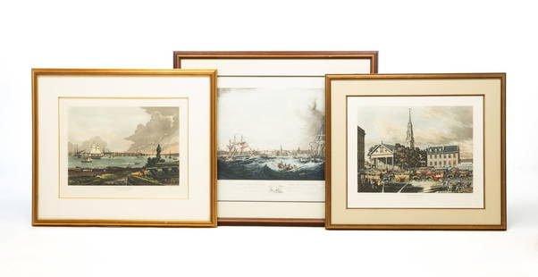 THREE COLORED ENGRAVINGS.: American/British, 19th Century. The first a view of the Port of Liverpool, engraved by R.G. Reeve after the painting by Samuel Walters, matted and framed under glass, 32.5"h. 38"w. The second a view o