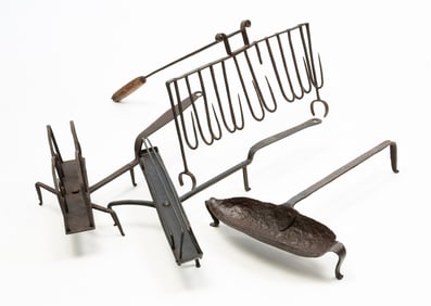 FOUR FORGED IRON COOKING UTENSILS.