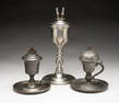 THREE PEWTER FLUID BURNING LAMPS.