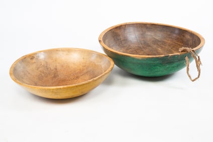 TWO LARGE TURNED AND PAINTED WOOD BOWLS.