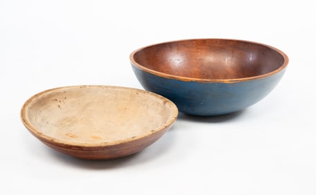TWO TURNED AND PAINTED WOOD BOWLS.