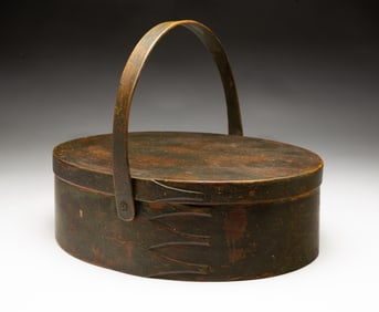 GREEN PAINTED OVAL BENTWOOD CARRIER WITH HANDLE.
