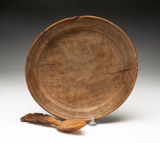 TREEN PLATE AND CARVED SPOON.