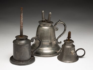 THREE PEWTER WHALE OIL LAMPS.