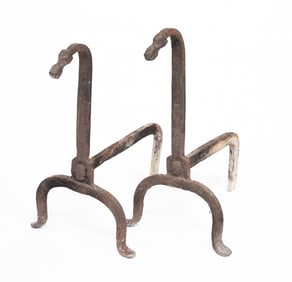 PAIR OF FORGED IRON FIRE DOGS (ANDIRONS).